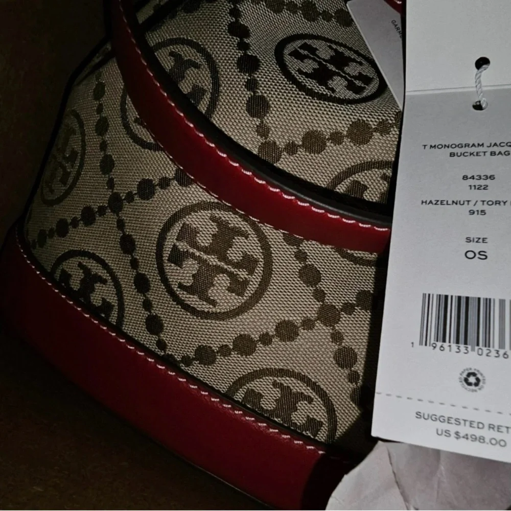 Tory Burch Red and Brown Monogram bucket bag NWT Beautiful!